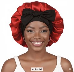 Women’s Reversible Satin Sleep Hair Bonnet, Red/Black Solid with Bow