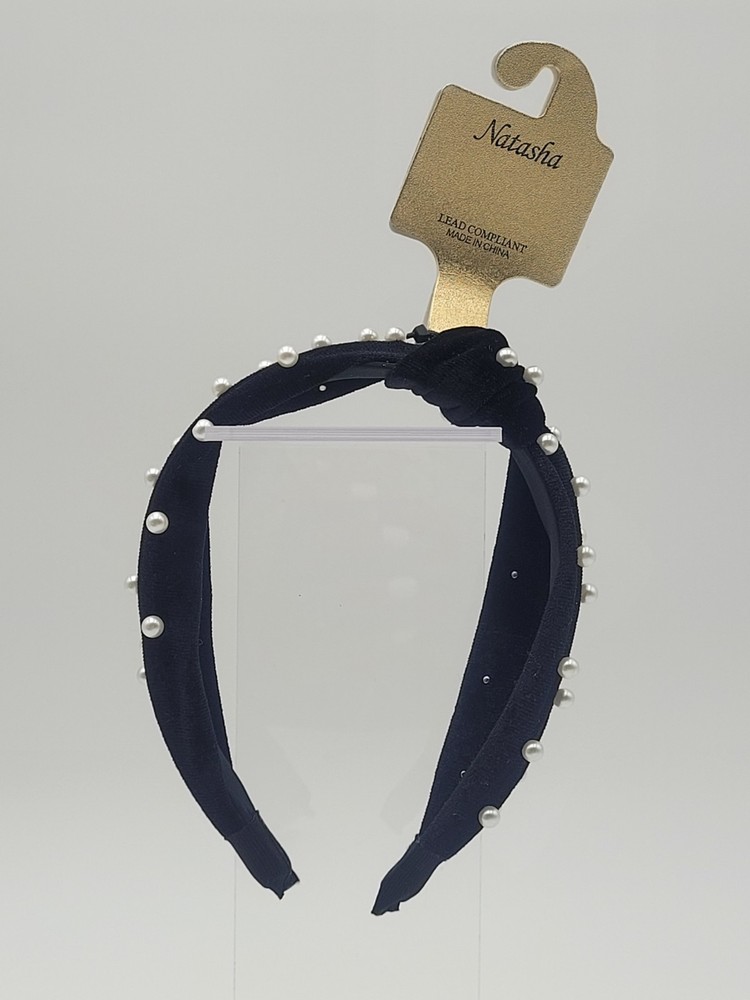 Natasha Headband Black Velvet Pearls Top Knot Preppy Gossip Girl Blair Waldorf