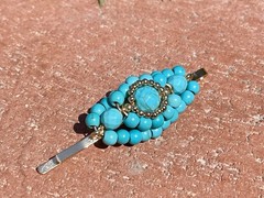 New Natural Turquoise Handmade Hair Clip With Champagne Gold Color Metal ￼