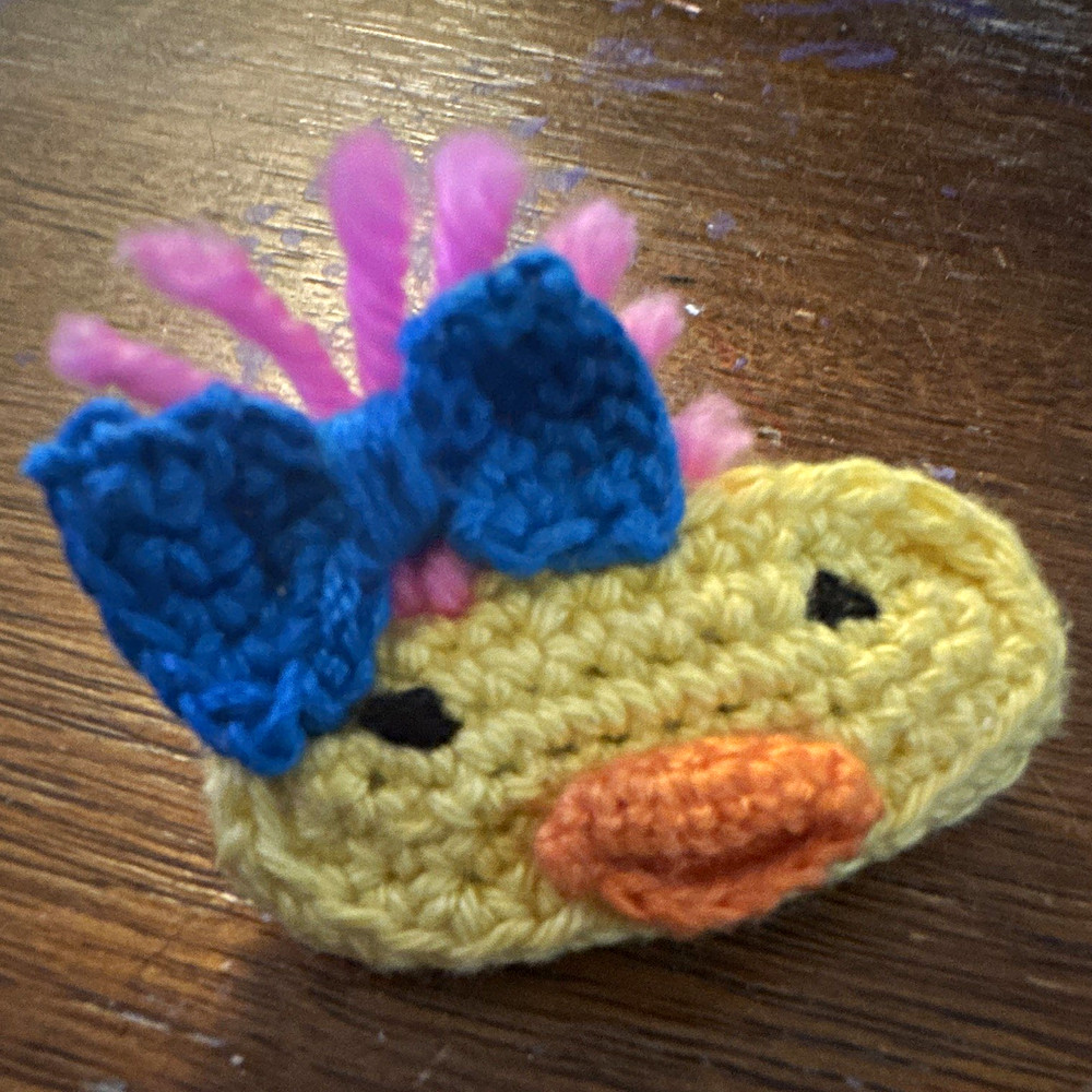 Handmade Crochet Duck Barrette Hair Clip w/ Bow Yellow Blue Pink Yarn Metal – 2”