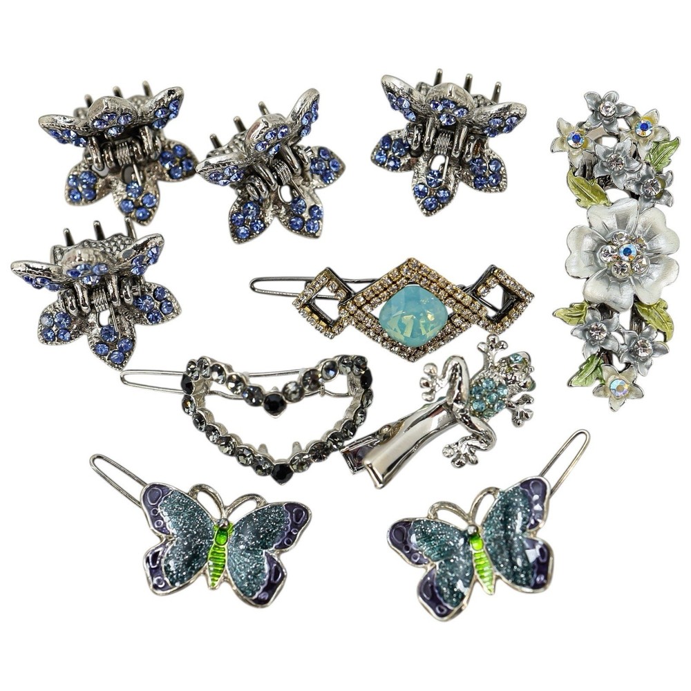 12 Pc Y2K Gold Tone Rhinestone Hair Accessories Lot Whimsical Blue Green