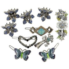 12 Pc Y2K Gold Tone Rhinestone Hair Accessories Lot Whimsical Blue Green