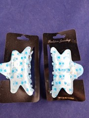 Pair Vtg 1990’s Y2K All Over HEART Print Blue Plastic 3″ Hair Clip Star *5-B