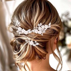 Flower Bride Wedding Hair Pins Silver Crystal Bridal Pearl Pieces 3 PCS Set
