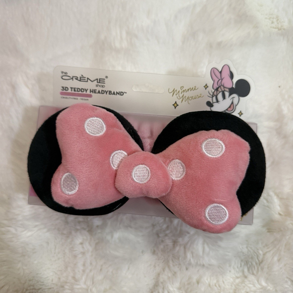 The Crème Shop Minnie Mouse Plush Polka Dot Bow Headband Pink 3D Teddy
