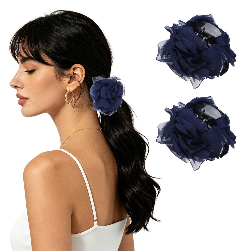 Rose Flower Hair Clips (3.5 Inch) 2Pcs, Hair Flowers for Women, Navy Blue