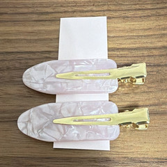 Set of 2 Pink Marbled Acrylic Snap Hair Clips, Gold-Tone Metal Oval *NEW*