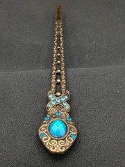 Vintage Hair Chopstick Pin Stick Floral Rhinestones Blue Bronze 6″ (129)