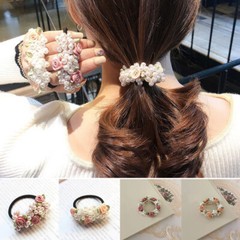 Women Sweet Scrunchies Pearls Flower Ponytail Holder Elastic Hair Bands Tie Rope
