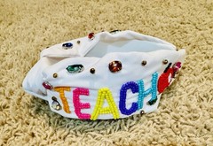 Embellished White Teacher Headband w/ Beaded TEACH Letters & Rhinestones