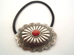 Southwestern Silver Concho Faux Blood Coral Stretch Ponytail Holder