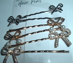 6 New Golden and Silver Pearl and Rhinestone Bow Bobby Pins New with Tag