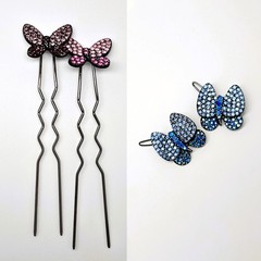 4 PCS Butterfly Rhinestone Pink Purple Blue Handmade Barrette and Hair Sticks