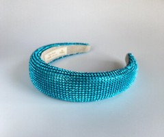 Padded 1.5” Headband with Aquamarine Rhinestone Aluminum Mesh Overlay Handmade