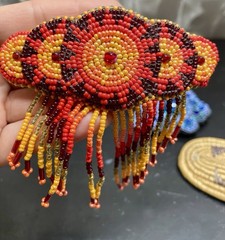 Handcrafted Beaded Hair Barrettes (2) And 1 Woven Oval Shape, Orange, Blue 4”.