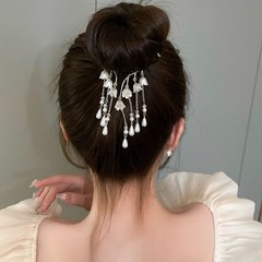 Faux Pearl Tassel Hair Clip for Women Large Flower Bun Clip Hair Accessory