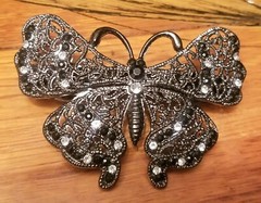 GEMS & RHINESTONES Silver Tone Filigree BUTTERFLY Hair BARRETTE Black & Clear