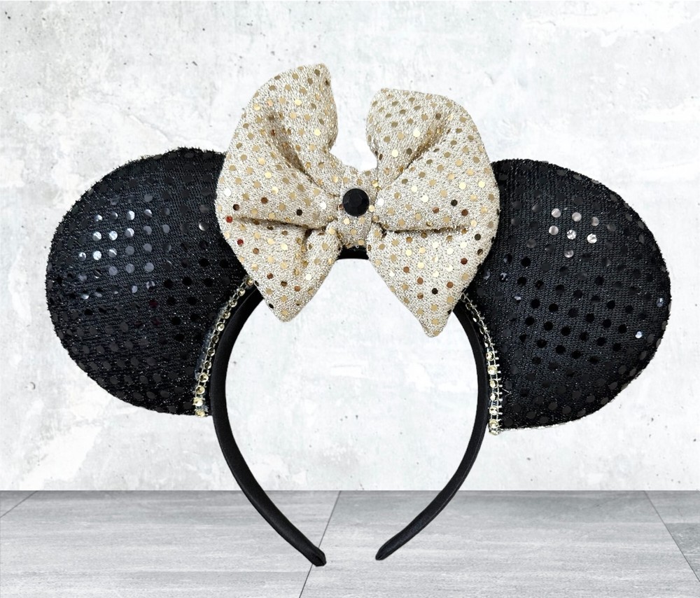Mouse Ears Headbandfor Teens or Adults Black Sequins with Matching Bow New
