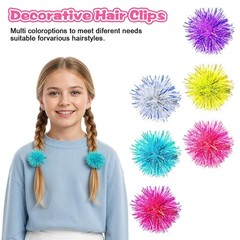 12 PCS Bling Foil Strips Pom Pom Hair Clips Tinsel Fluffy Ties Accessories