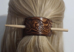 Handmade Genuine Leather Floral Design Hair Cuff A1
