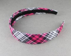 Pink White Black plaid headband 1 1/8″ wide tartan fabric covered hair band
