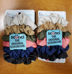 2 Pks of 6 Scunci Satin Scrunchies Black Blue Pink Green Tan Cream (3500) R7P6b