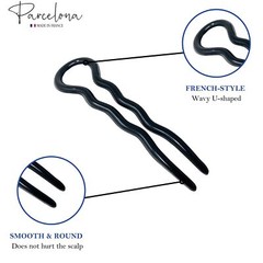 Parcelona French Sleek 3 1/2″ Celluloid Wavy U Shaped Hair Pins for Women(3 Pcs)