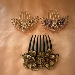 Set of 3 Gold/Black Metal & Plastic Floral Hair Combs with Rhinestone Accents