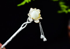 Hot Retro Silver Chinese Hetian Jade Lotus Hairpin Hanfu Hair Stick