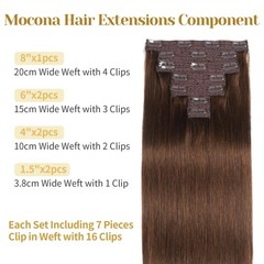 Mocona Clip in Hair Extensions Real Human Hair Chocolate Brown 20 Inch 7pcs 70g