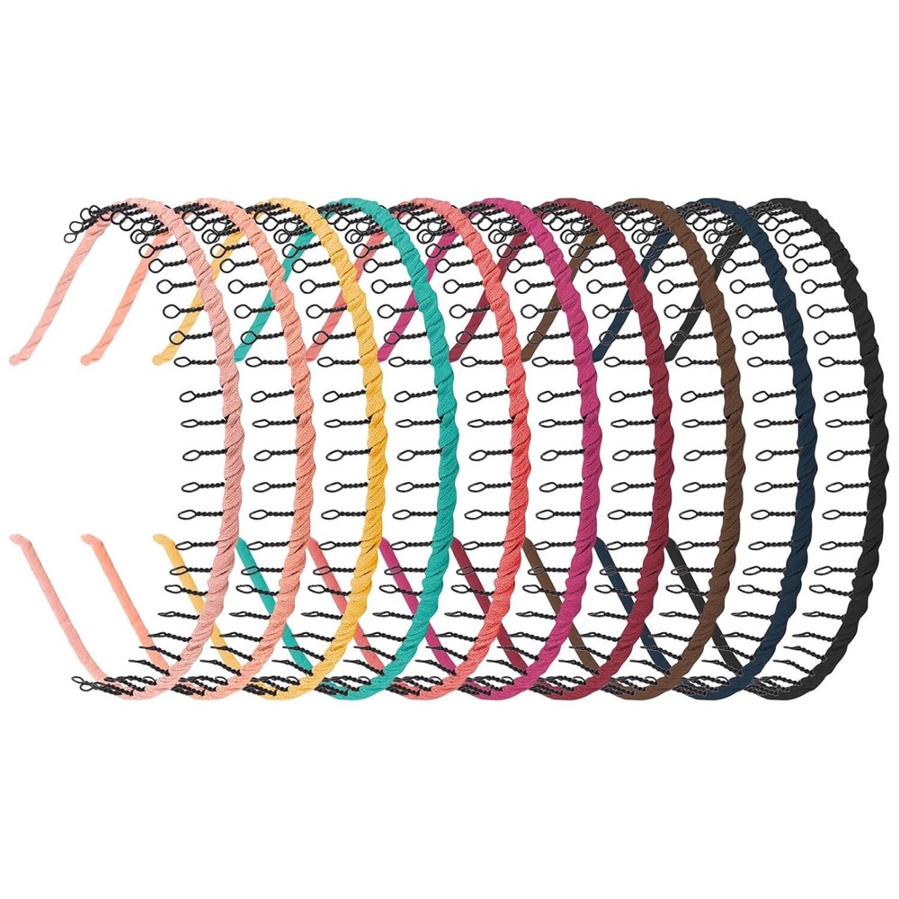 , 10 Pack Ribbon Wrapped Metal Headbands with Teeth Comb Hair Hoop Hairband for