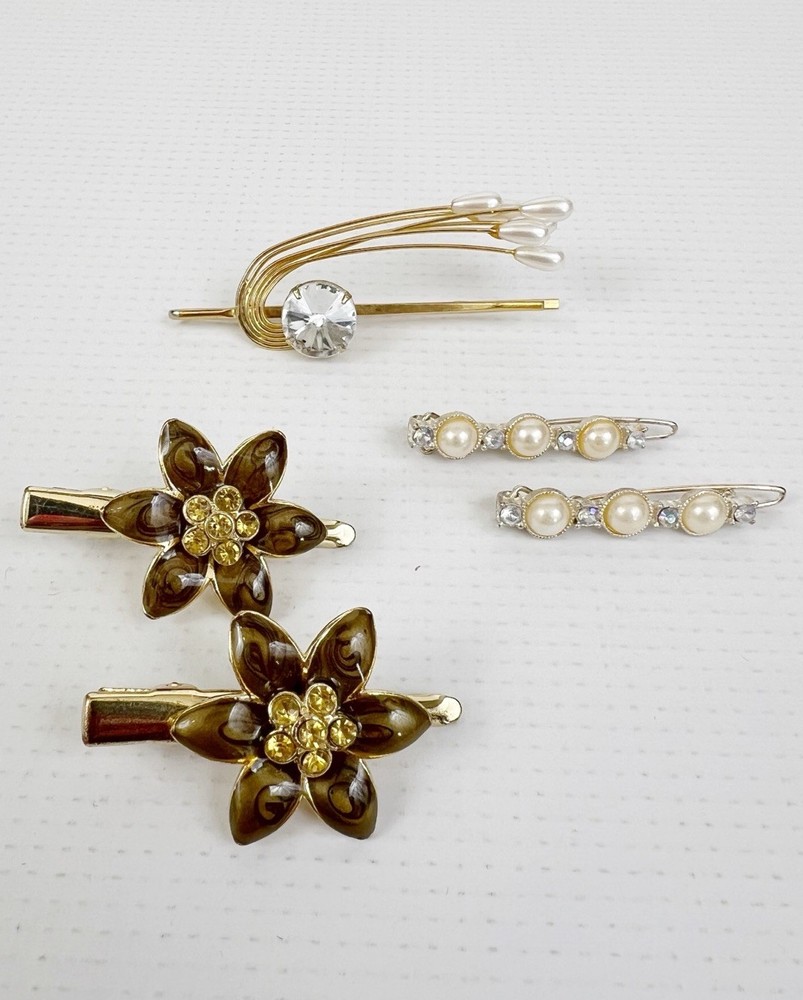 Vintage Hair Clips Barrettes Pin Art Deco Bright Gold Silver Tone Collection Lot