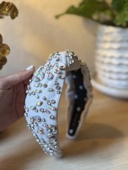 Lele Sadoughi Grey Velvet Iridescent Mixed Crystal Embellished Knot Headband