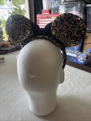 DISNEY Mickey Minnie Mouse Ears Headband Sequined Bow Leopard Print Black & Gold