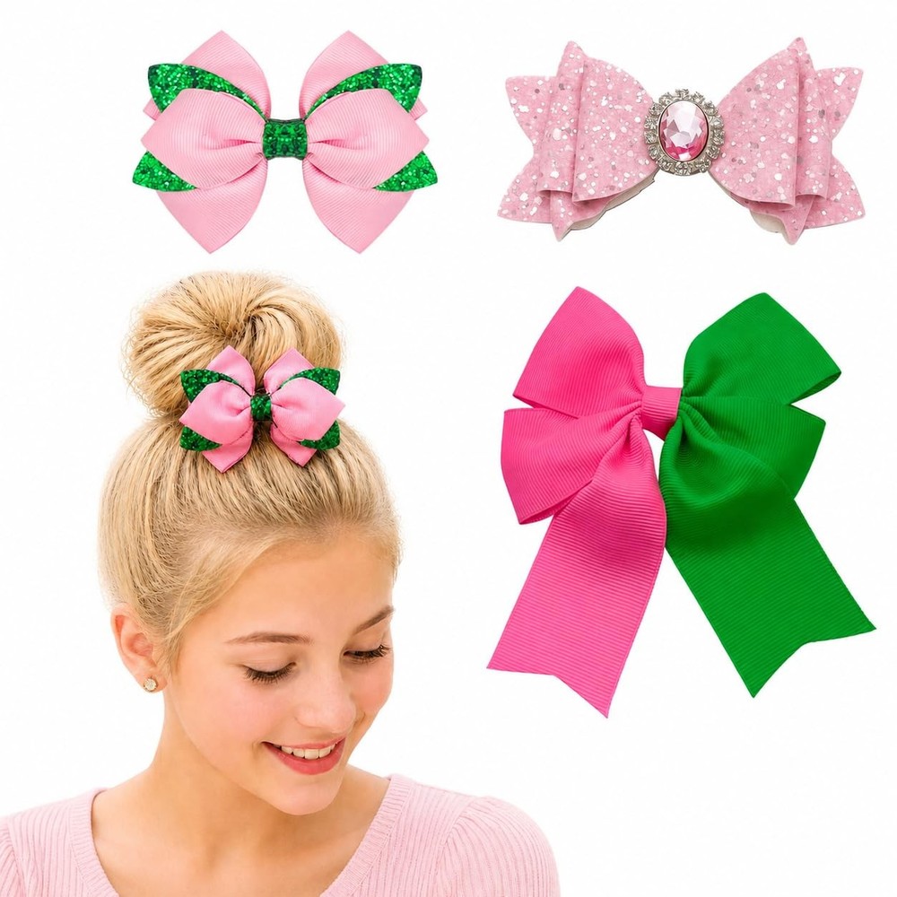 3 PCS Pink Hair Bow Clips Ribbon With Glitter Rhinestone Long Tail Ponytail