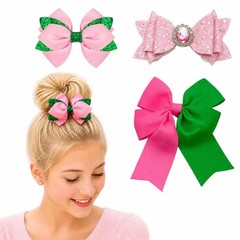 3 PCS Pink Hair Bow Clips Ribbon With Glitter Rhinestone Long Tail Ponytail