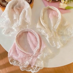 Soft Fabric Lace Bandana Headscarf Pom Pom Trim Hair Band for Women