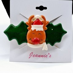 Vintage Christmas Hair Barrette Reindeer Holly Leaves Ponytail Made In Taiwan