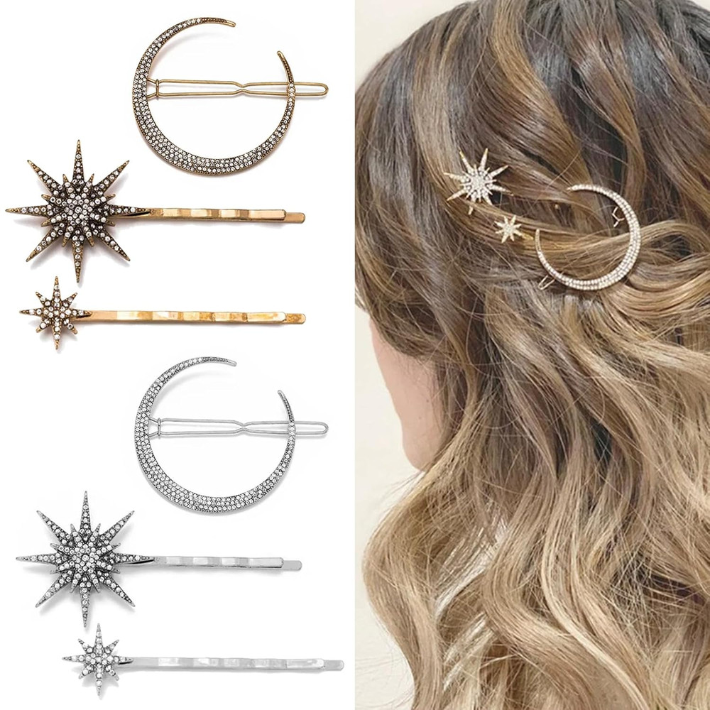 6 Pieces Rhinestone Stars Moon Hair Clips Vintage Star Hairpins Crystal Decor…