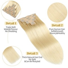 Mocona Clip in Hair Extensions Real Human Hair Bleach Blonde 12 Inch 7pcs 70g Pa