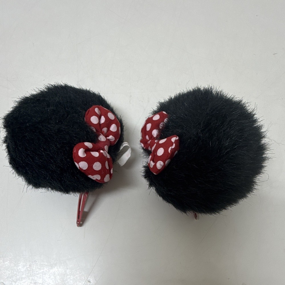 Disney Minnie Mouse Clip-On Barrettes Black Pom Pom Bow Red/White Polka Dot