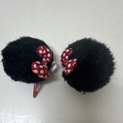 Disney Minnie Mouse Clip-On Barrettes Black Pom Pom Bow Red/White Polka Dot