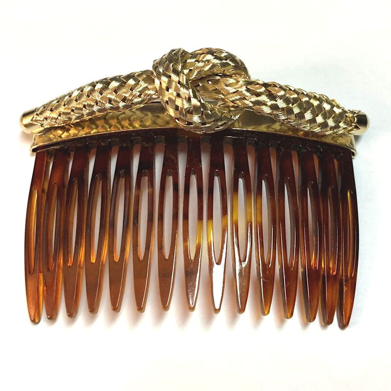 Vintage Women Metal Plastic Side Hair Comb Woven Gold Braid Knot Made in France