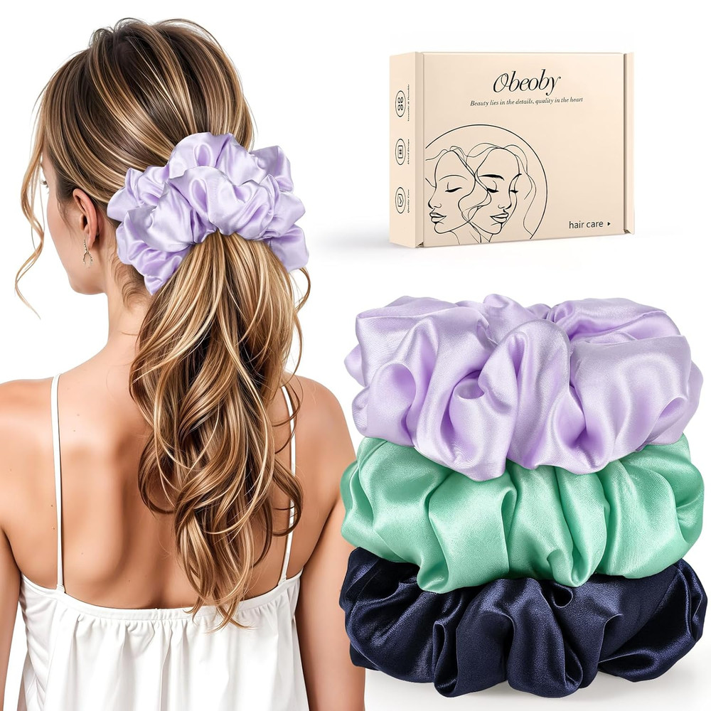 3Pcs Satin Hair Scrunchies, Large Sleepy Hair Tie Navy Blue Scrunchie for Thick