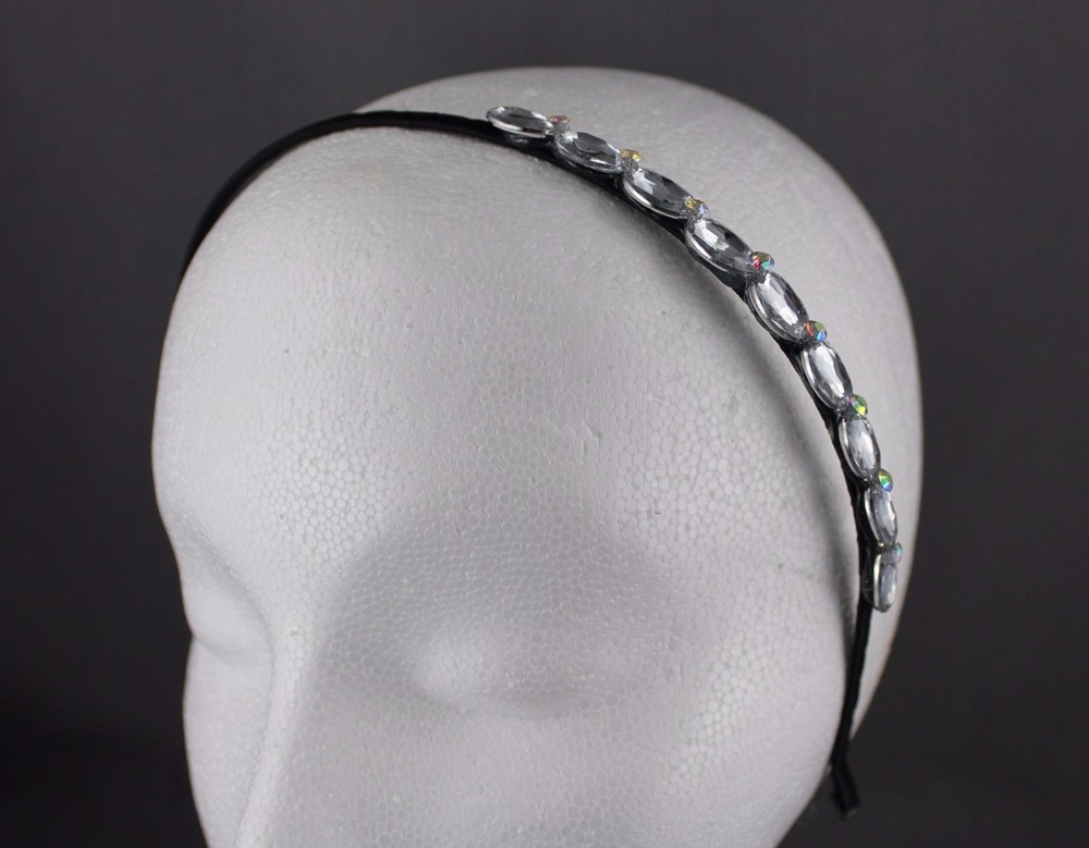 Black sparkly clear oval gem faceted crystal headband thin skinny hair band