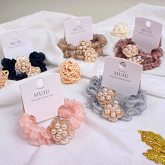 MUJU Floral Faux Pearl Accent Scrunchie Hair Tie Stretch Silver Gray B111 10 pcs