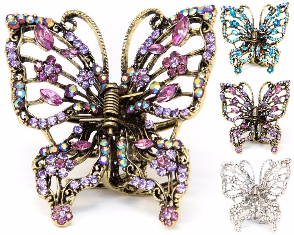 Hot sale Rhinestone crystal big butterfly gold bronze metal hair claws clips pin