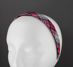 Pink White Black plaid headband 1 1/8″ wide tartan fabric covered hair band