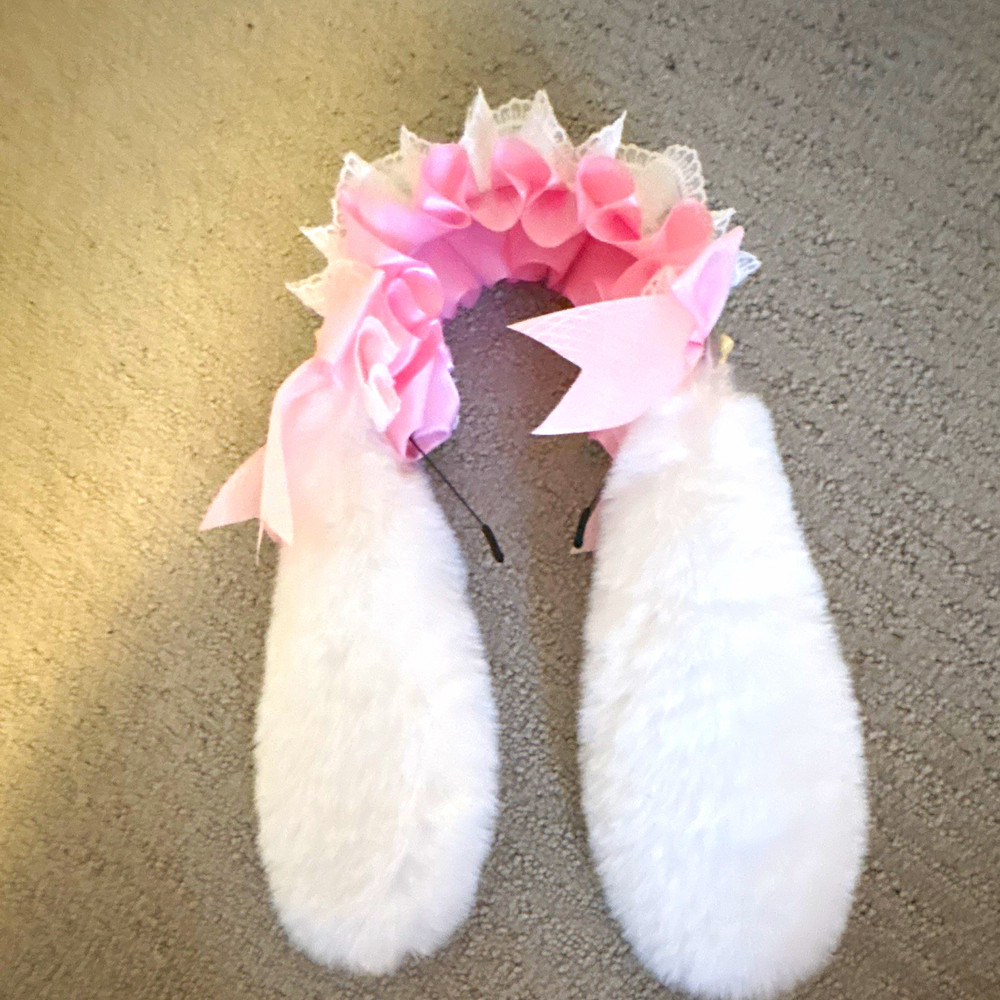 Pink & White Bunny Ears Headband Faux Fur Lace Satin Bow Lined Solid