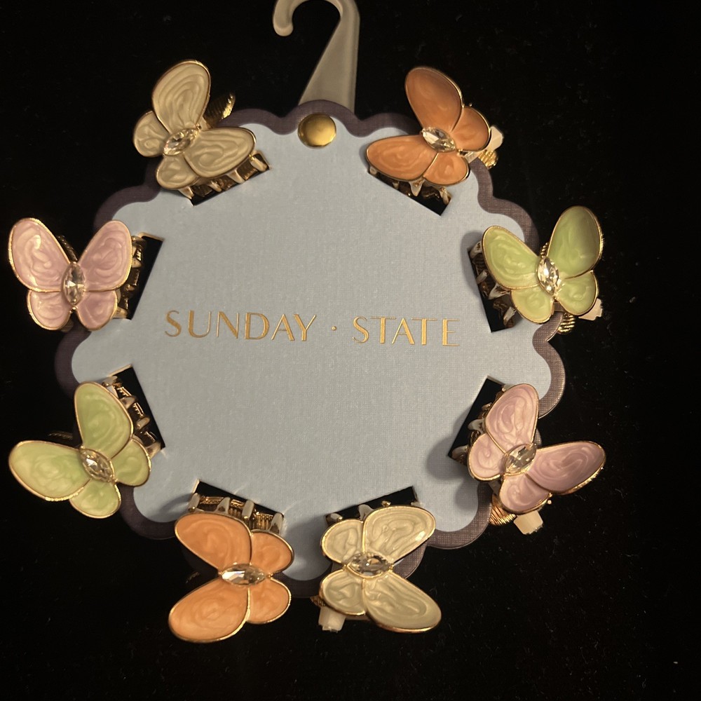 METAL Sunday State GOLD COLORED BUTTERFLIES Set of 8 Mini Hair Clips Bling